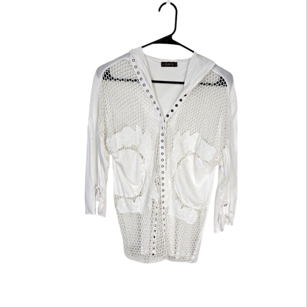 XCVI White Fish Net Crochet Snap Front Jacket Women's‎ Medium
